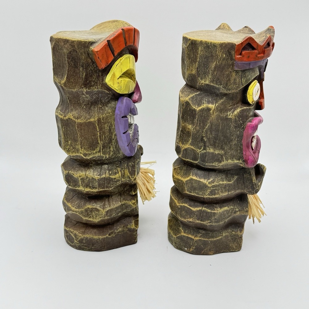 Set of 2 Carved Wooden Tiki Figures Polynesian Island Decor 10" - Picture 3 of 8
